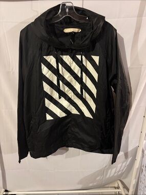Off-White Black Hooded Bomber Jacket with White Diagonal Stripe Print
